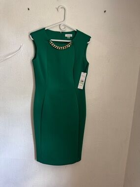 Calvin Klein Green Midi Sheath Dress with Gold Chain